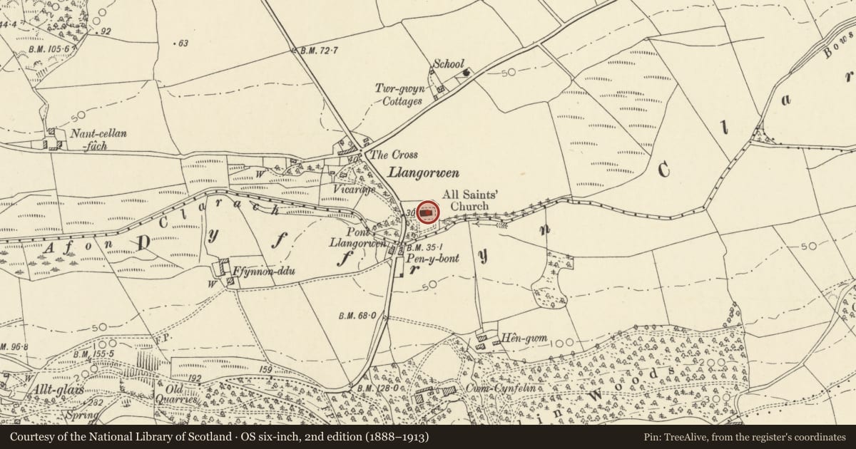 Ordnance Survey six-inch map, 2nd edition (1888–1913) covering the location of Church of All Saints, Tirymynach, Ceredigion, with a pin at the register's coordinates