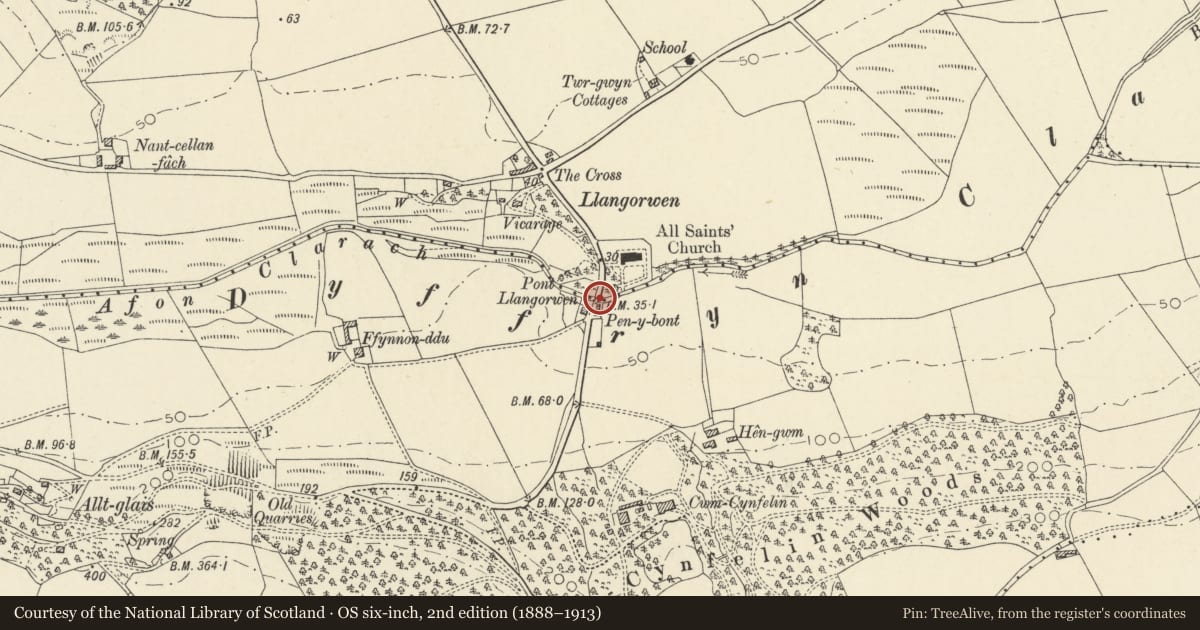 Ordnance Survey six-inch map, 2nd edition (1888–1913) covering the location of Pont Llangorwen, Tirymynach, Ceredigion, with a pin at the register's coordinates