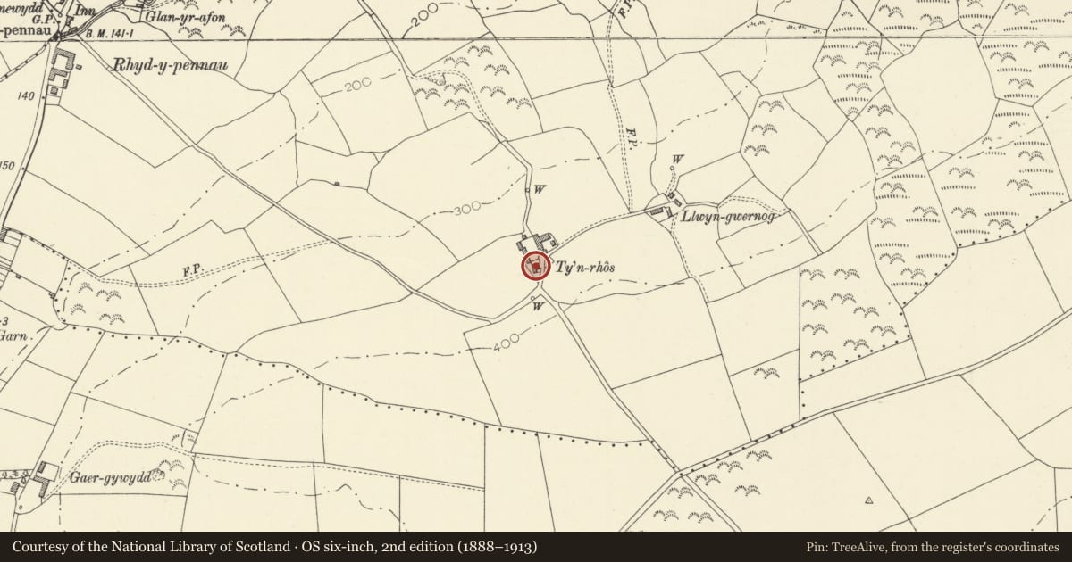 Ordnance Survey six-inch map, 2nd edition (1888–1913) covering the location of Ty'n Rhos, Tirymynach, Ceredigion, with a pin at the register's coordinates