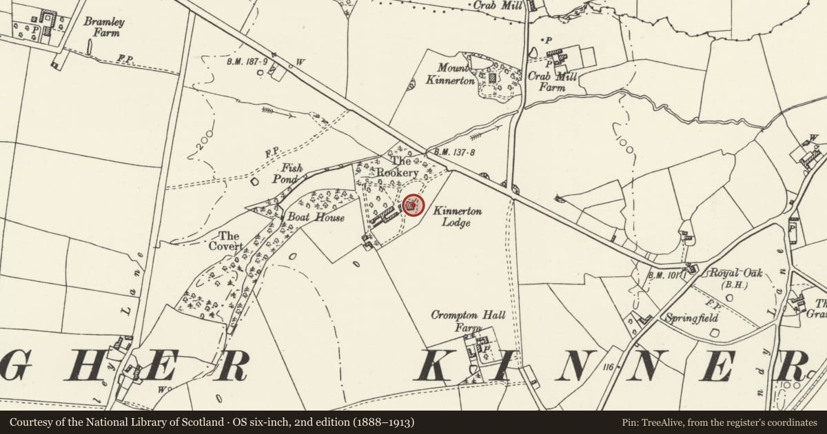 Ordnance Survey six-inch map, 2nd edition (1888–1913) covering the location of Kinnerton Lodge, Higher Kinnerton, Flintshire, with a pin at the register's coordinates