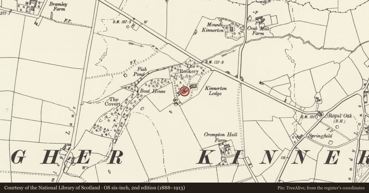 Ordnance Survey six-inch map, 2nd edition (1888–1913) covering the location of Stables at Kinnerton Lodge, Higher Kinnerton, Flintshire, with a pin at the register's coordinates