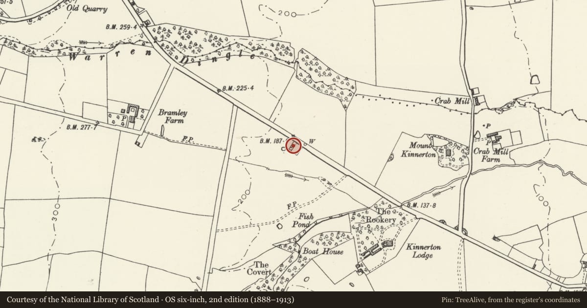 Ordnance Survey six-inch map, 2nd edition (1888–1913) covering the location of Hillside Cottage, Higher Kinnerton, Flintshire, with a pin at the register's coordinates
