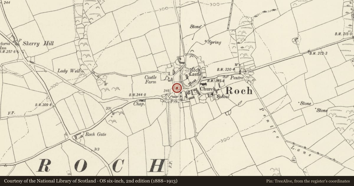 Ordnance Survey six-inch map, 2nd edition (1888–1913) covering the location of Entrance walls and gatepiers to Roch Castle, Nolton and Roch, Pembrokeshire, with a pin at the register's coordinates