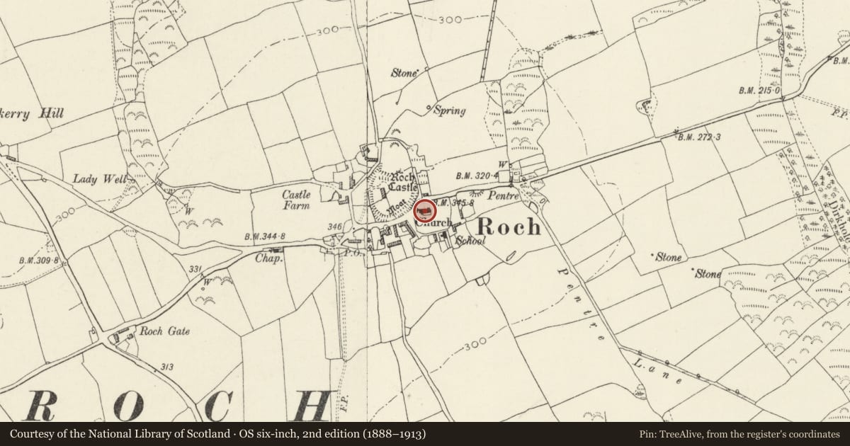 Ordnance Survey six-inch map, 2nd edition (1888–1913) covering the location of Church of St Mary, Nolton and Roch, Pembrokeshire, with a pin at the register's coordinates