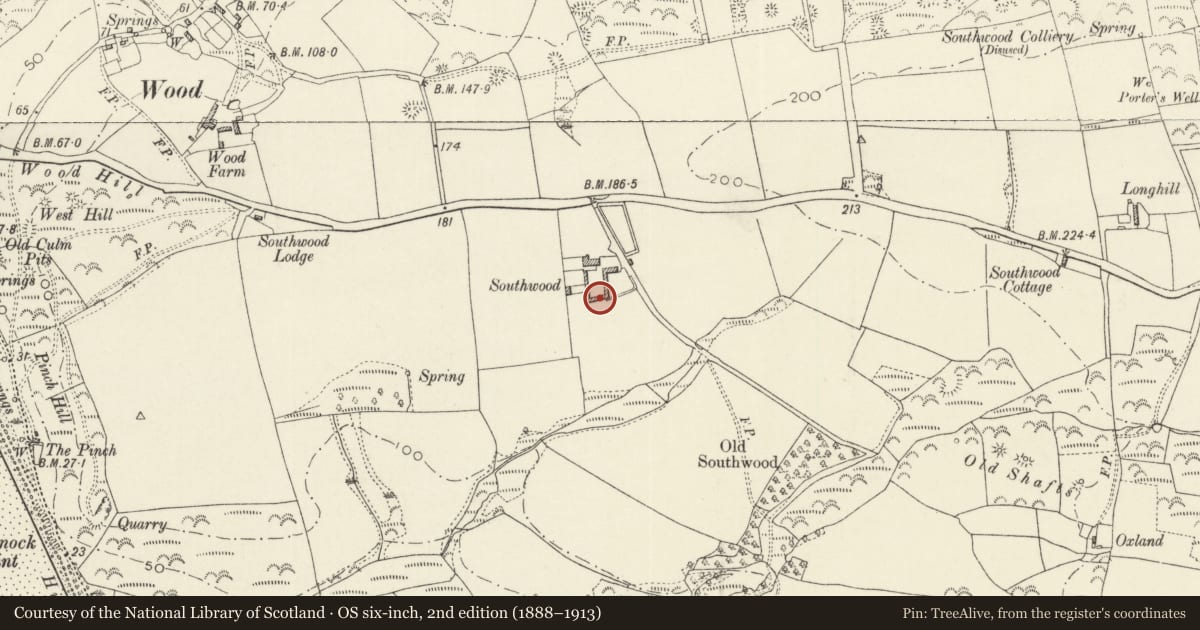 Ordnance Survey six-inch map, 2nd edition (1888–1913) covering the location of Farmyard ranges at Southwood, Nolton and Roch, Pembrokeshire, with a pin at the register's coordinates