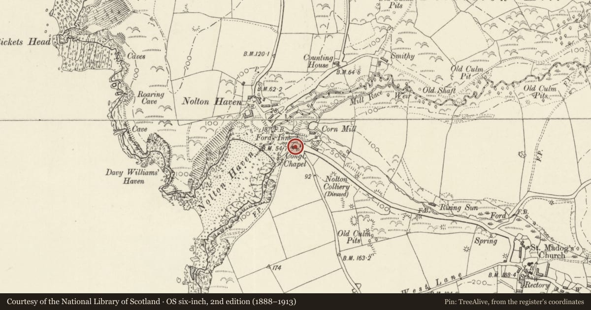 Ordnance Survey six-inch map, 2nd edition (1888–1913) covering the location of Nolton Chapel, Nolton and Roch, Pembrokeshire, with a pin at the register's coordinates
