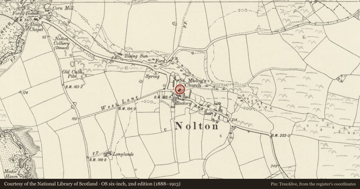 Ordnance Survey six-inch map, 2nd edition (1888–1913) covering the location of Church of St Madoc, Nolton and Roch, Pembrokeshire, with a pin at the register's coordinates