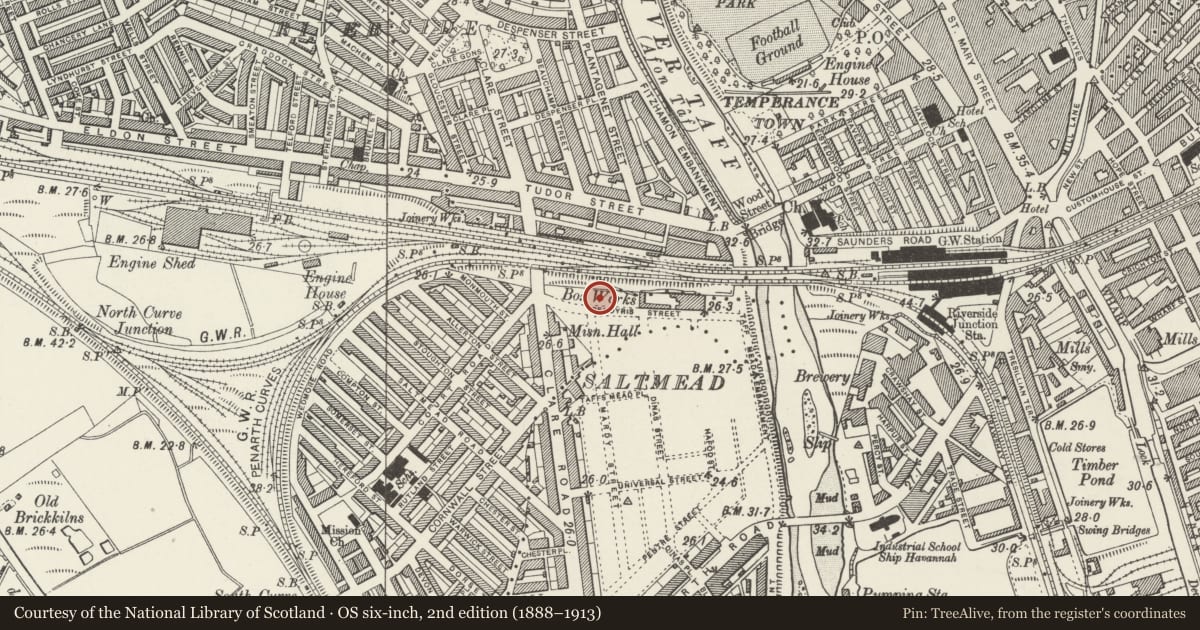Ordnance Survey six-inch map, 2nd edition (1888–1913) covering the location of Central Workshops of City of Cardiff Operational Services, Grangetown, Cardiff, with a pin at the register's coordinates