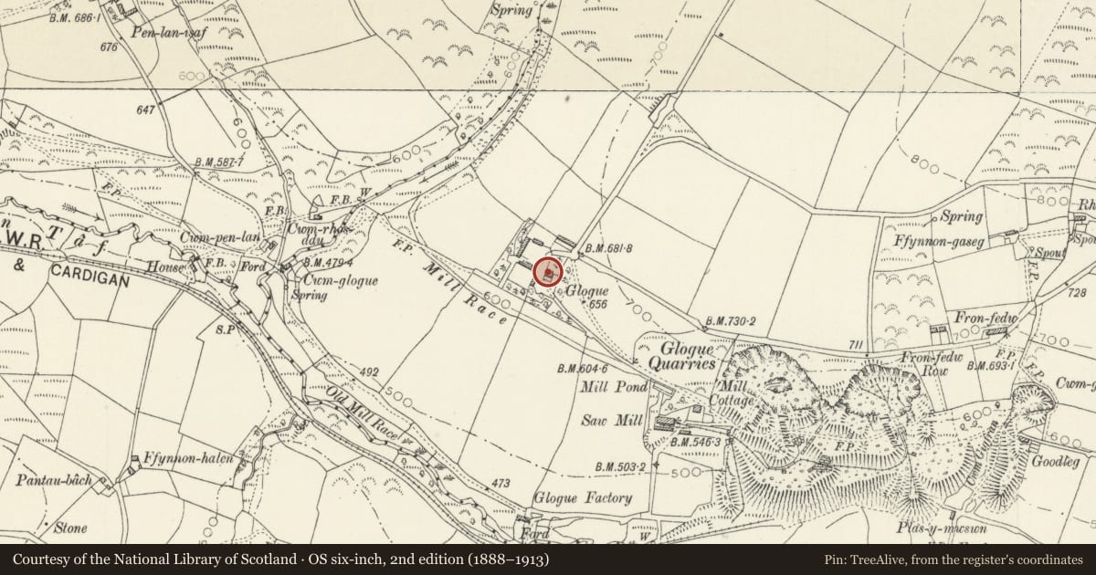 Ordnance Survey six-inch map, 2nd edition (1888–1913) covering the location of Glogue Farmhouse, Clydau, Pembrokeshire, with a pin at the register's coordinates