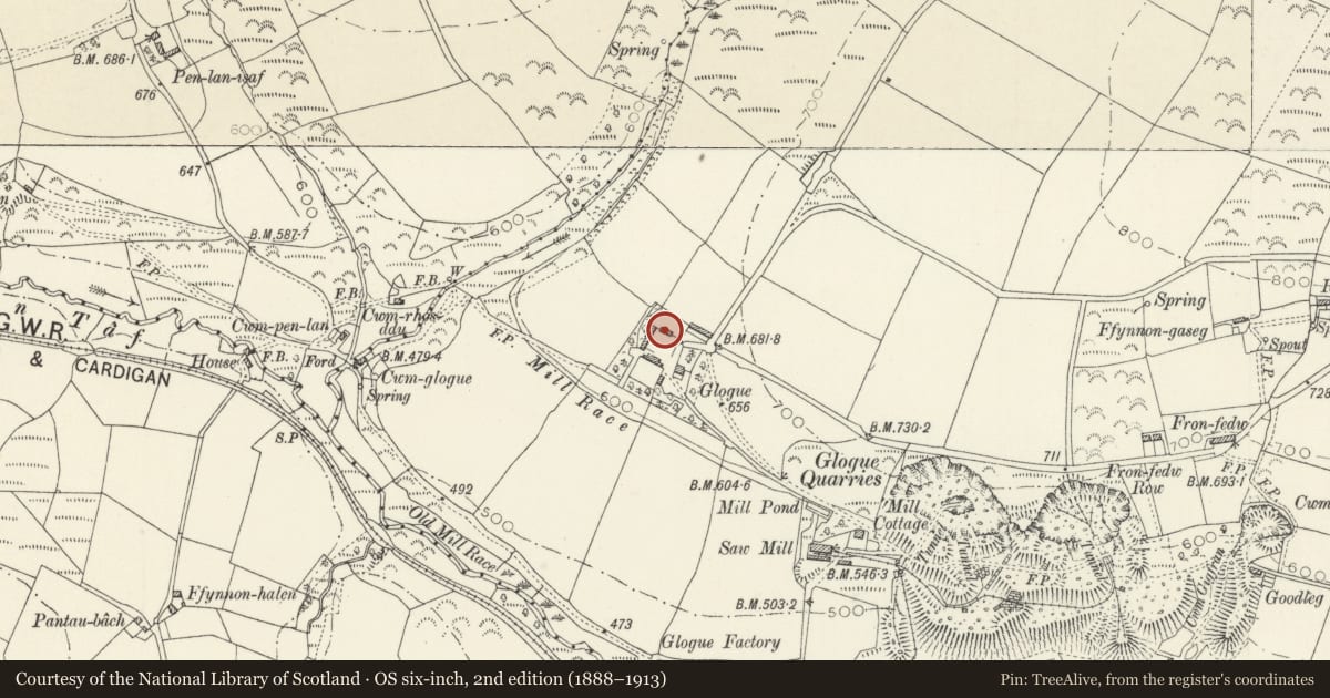 Ordnance Survey six-inch map, 2nd edition (1888–1913) covering the location of Stable range at Glogue Farm, Clydau, Pembrokeshire, with a pin at the register's coordinates
