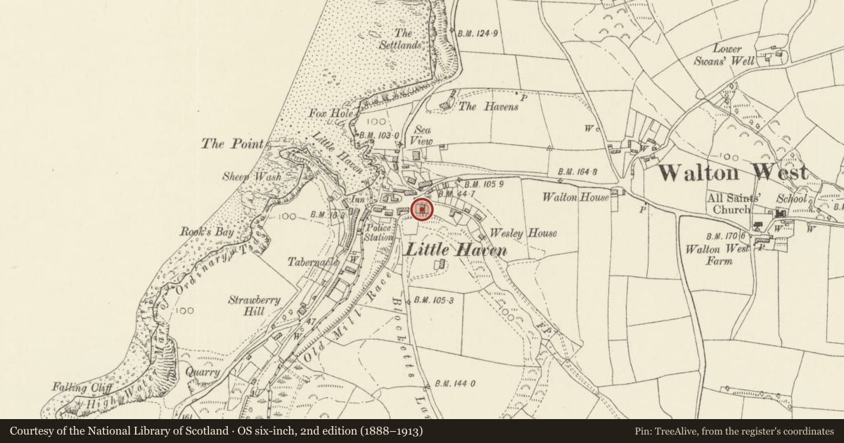 Ordnance Survey six-inch map, 2nd edition (1888–1913) covering the location of Manor House, The Havens, Pembrokeshire, with a pin at the register's coordinates