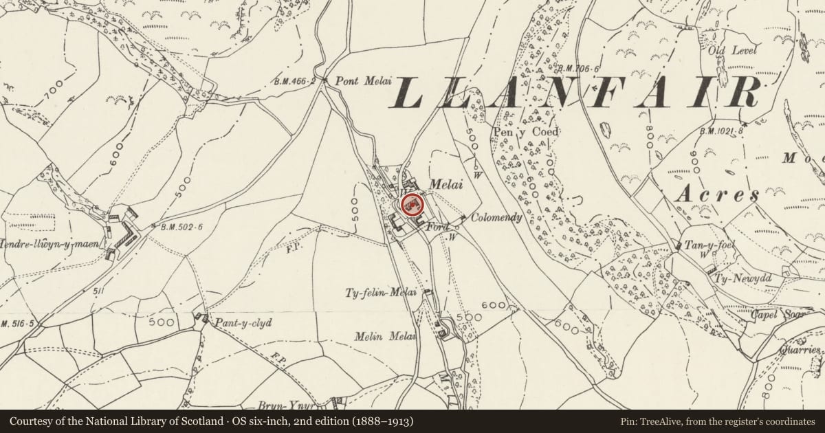Ordnance Survey six-inch map, 2nd edition (1888–1913) covering the location of Former Stable and Coach-house Range at Melai, Llanfair Talhaiarn, Conwy, with a pin at the register's coordinates