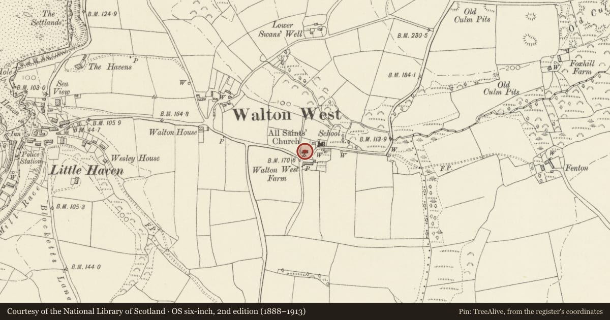 Ordnance Survey six-inch map, 2nd edition (1888–1913) covering the location of Church of All Saints, The Havens, Pembrokeshire, with a pin at the register's coordinates