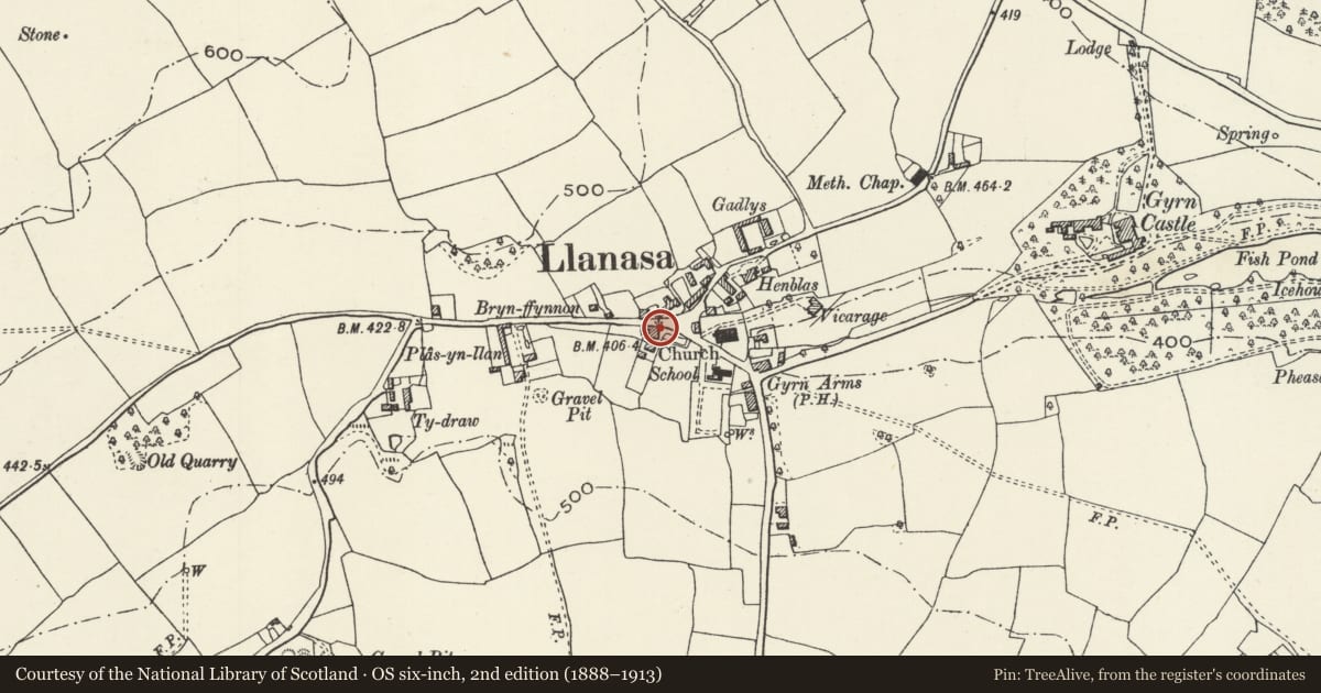 Ordnance Survey six-inch map, 2nd edition (1888–1913) covering the location of Glanaber, Llanasa, Flintshire, with a pin at the register's coordinates