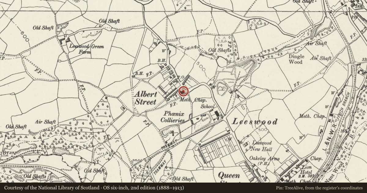Ordnance Survey six-inch map, 2nd edition (1888–1913) covering the location of Bethel Calvinistic Methodist Chapel, Leeswood and Pontblyddyn, Flintshire, with a pin at the register's coordinates