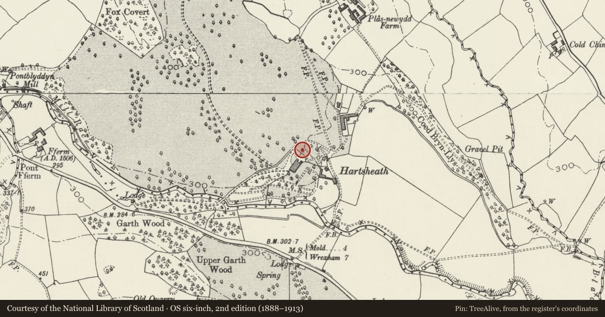 Ordnance Survey six-inch map, 2nd edition (1888–1913) covering the location of Ice Tunnels immediately to NE of Hartsheath, Leeswood and Pontblyddyn, Flintshire, with a pin at the register's coordinates