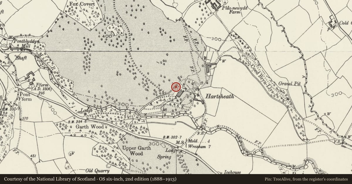 Ordnance Survey six-inch map, 2nd edition (1888–1913) covering the location of Retaining Walls flanking sunken Servants' Pathway at Hartsheath, Leeswood and Pontblyddyn, Flintshire, with a pin at the register's coordinates