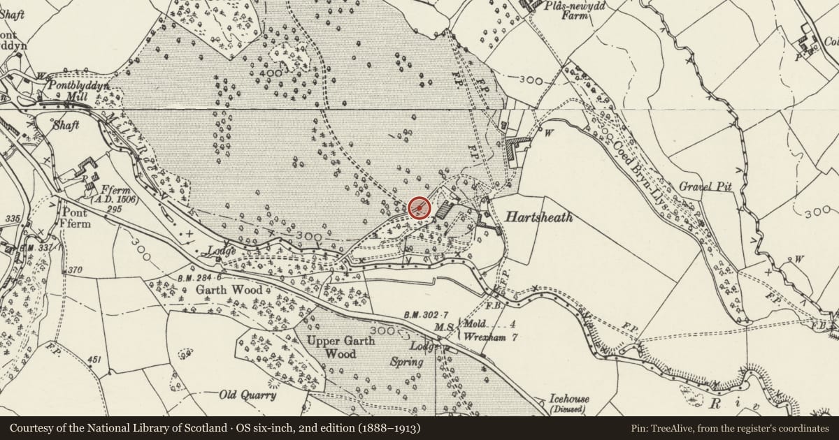 Ordnance Survey six-inch map, 2nd edition (1888–1913) covering the location of Bridge carrying main drive over Servants' Pathway including gate piers at Hartsheath, Leeswood and Pontblyddyn, Flintshire, with a pin at the register's coordinates