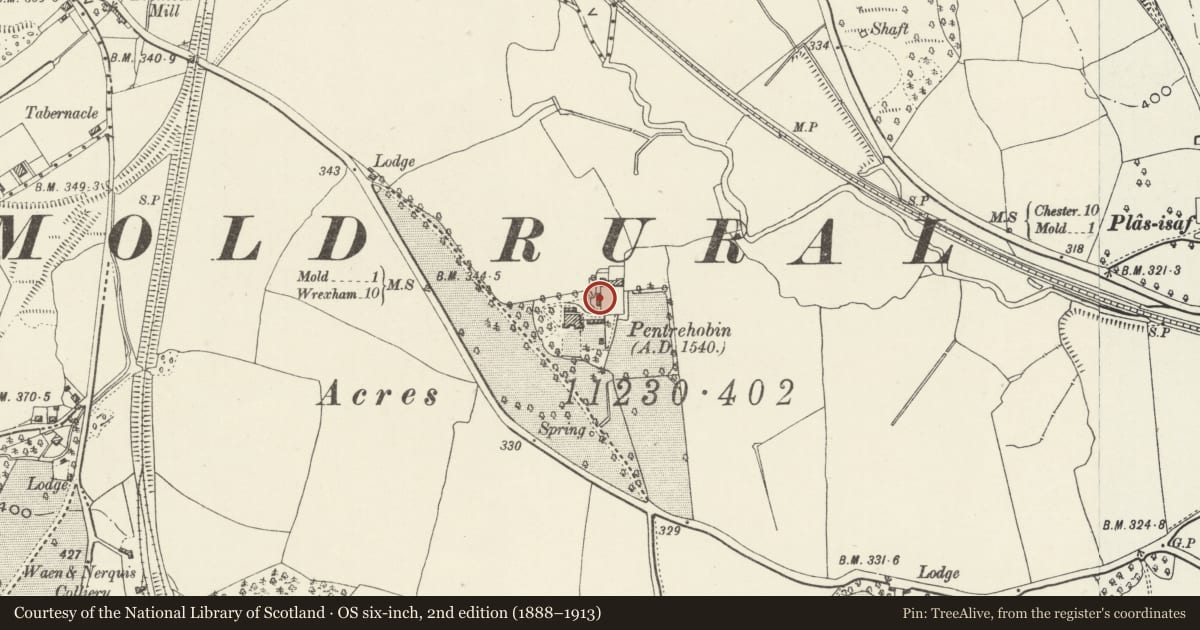 Ordnance Survey six-inch map, 2nd edition (1888–1913) covering the location of Barn to NE of Pentrehobyn, Leeswood and Pontblyddyn, Flintshire, with a pin at the register's coordinates