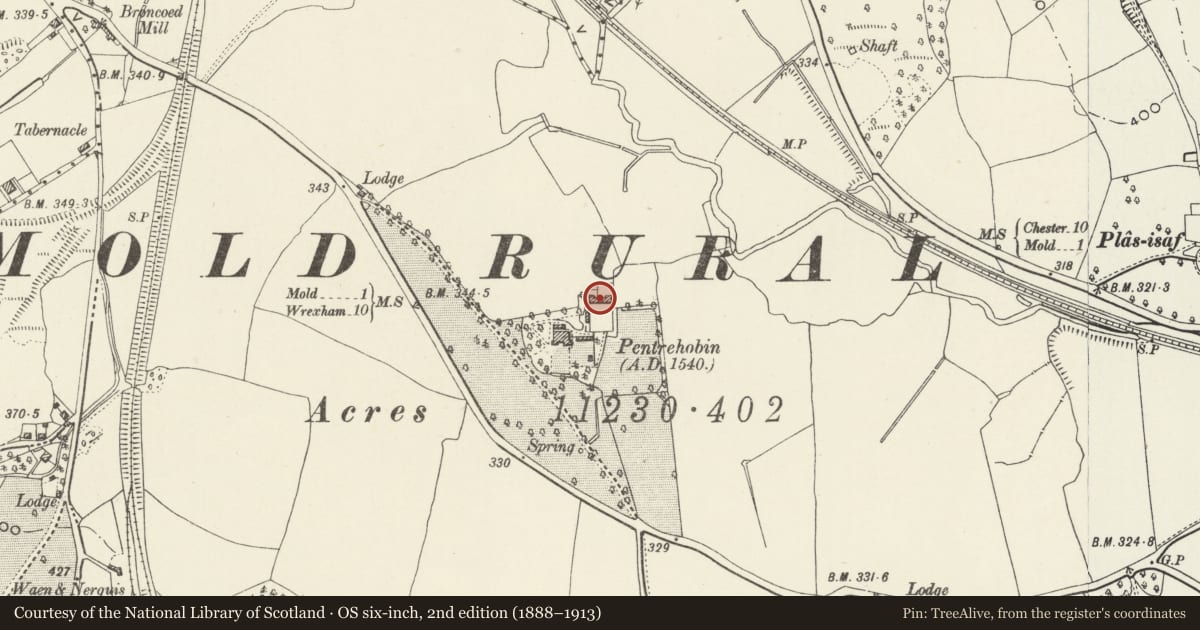Ordnance Survey six-inch map, 2nd edition (1888–1913) covering the location of Stables and attached Walled Garden to NE of Pentrehobyn, Leeswood and Pontblyddyn, Flintshire, with a pin at the register's coordinates