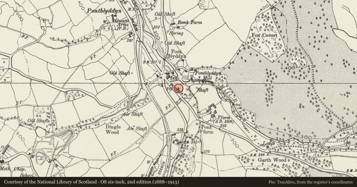 Ordnance Survey six-inch map, 2nd edition (1888–1913) covering the location of 6 Alyn Terrace, Leeswood and Pontblyddyn, Flintshire, with a pin at the register's coordinates
