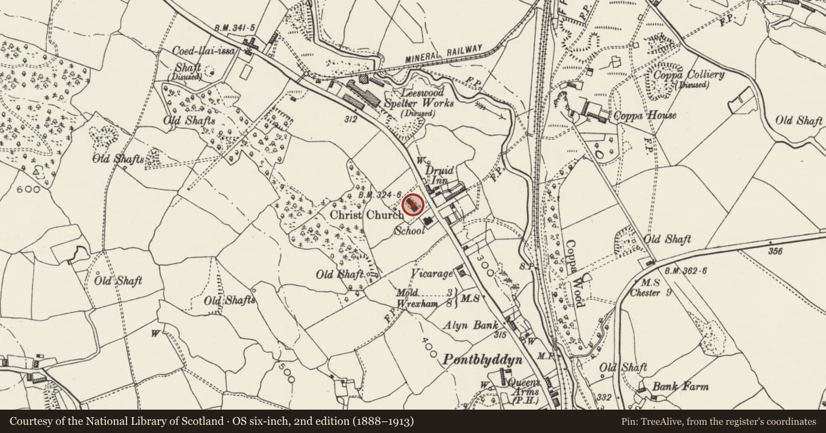 Ordnance Survey six-inch map, 2nd edition (1888–1913) covering the location of Christ Church, Leeswood and Pontblyddyn, Flintshire, with a pin at the register's coordinates