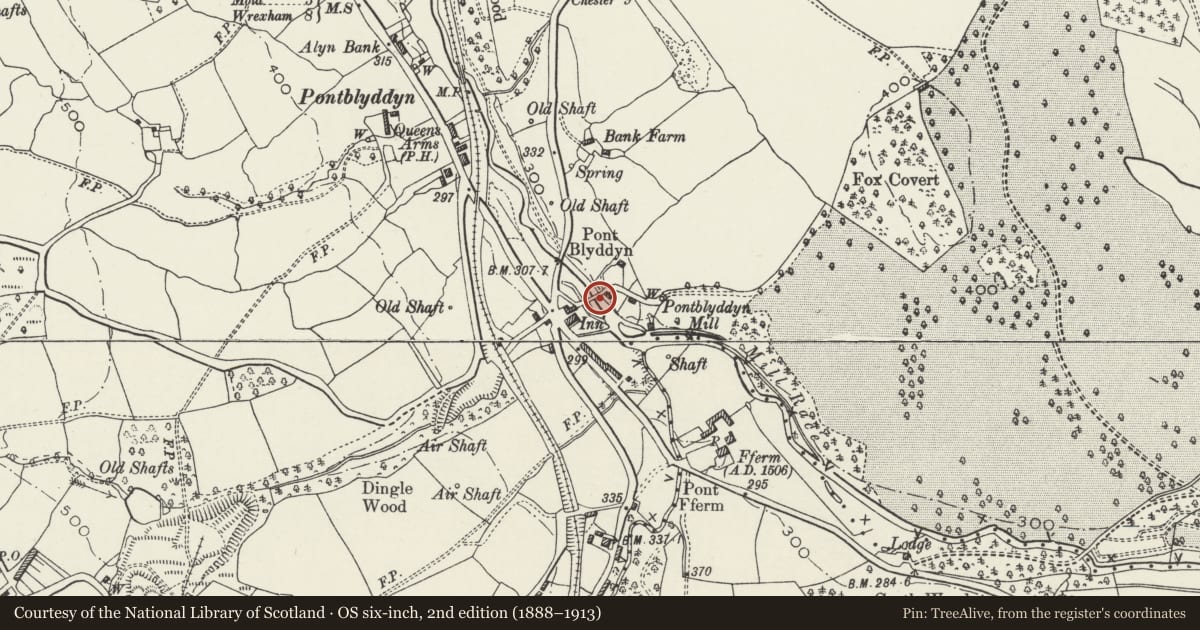 Ordnance Survey six-inch map, 2nd edition (1888–1913) covering the location of Pont Blyddyn, Leeswood and Pontblyddyn, Flintshire, with a pin at the register's coordinates