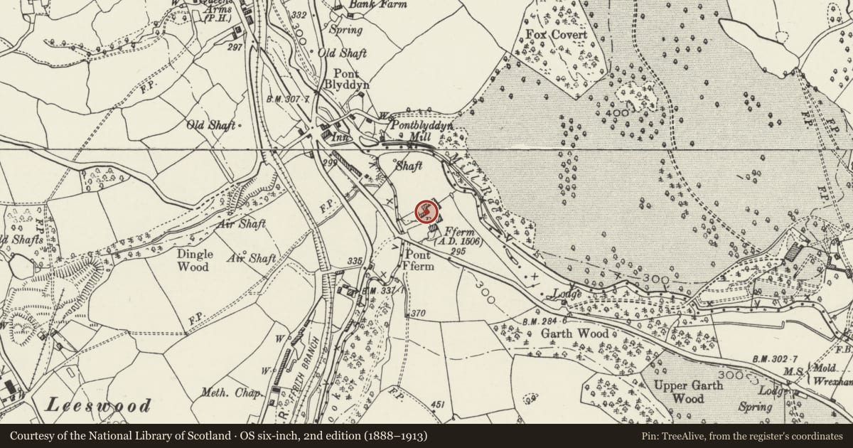 Ordnance Survey six-inch map, 2nd edition (1888–1913) covering the location of Farmyard Range to NW of Fferm Farmhouse, Leeswood and Pontblyddyn, Flintshire, with a pin at the register's coordinates