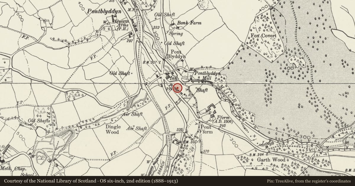 Ordnance Survey six-inch map, 2nd edition (1888–1913) covering the location of 7 Alyn Terrace, Leeswood and Pontblyddyn, Flintshire, with a pin at the register's coordinates