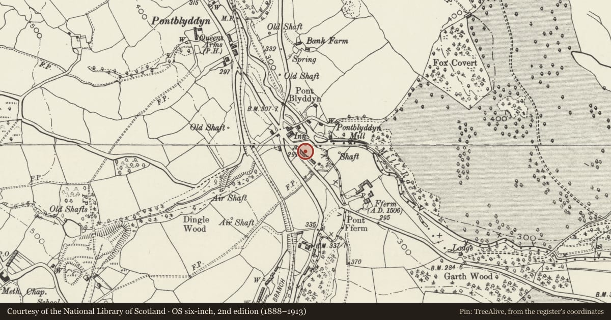 Ordnance Survey six-inch map, 2nd edition (1888–1913) covering the location of 9 Alyn Terrace, Leeswood and Pontblyddyn, Flintshire, with a pin at the register's coordinates