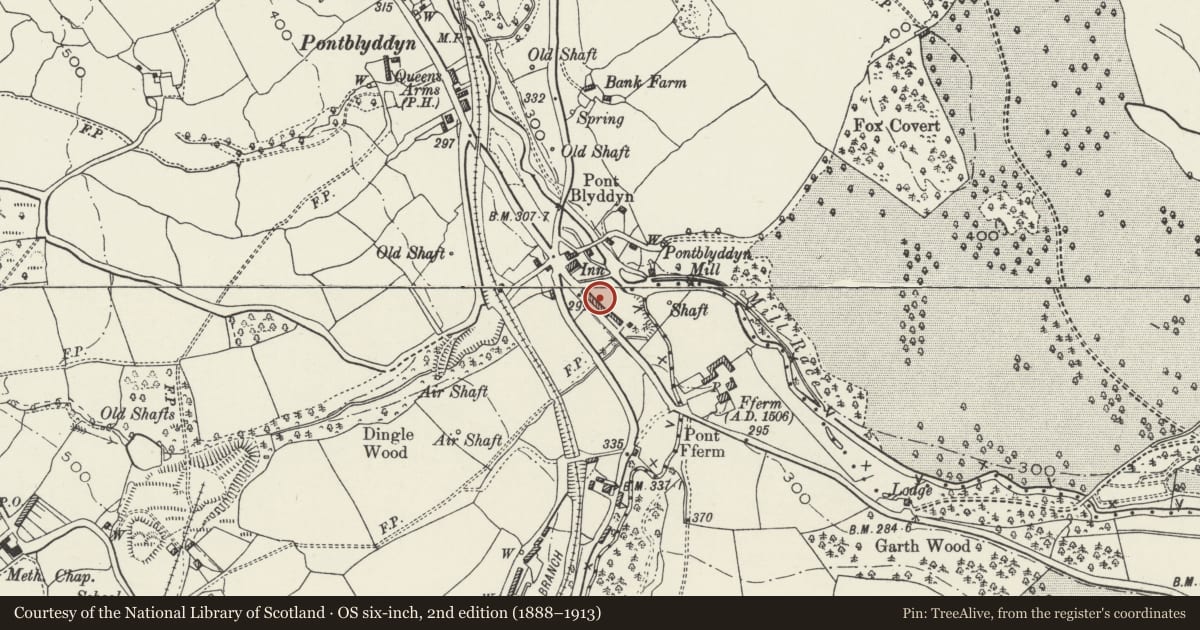 Ordnance Survey six-inch map, 2nd edition (1888–1913) covering the location of 10 Alyn Terrace, Leeswood and Pontblyddyn, Flintshire, with a pin at the register's coordinates