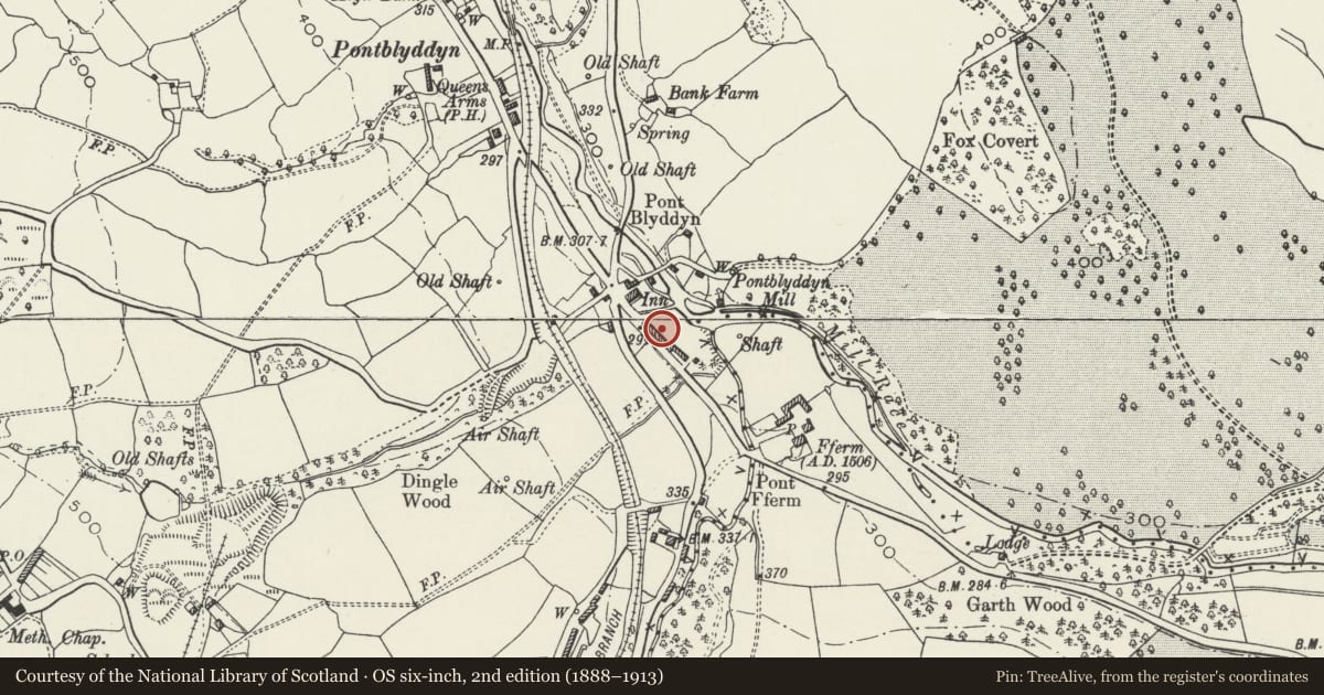 Ordnance Survey six-inch map, 2nd edition (1888–1913) covering the location of 11 Alyn Terrace, Leeswood and Pontblyddyn, Flintshire, with a pin at the register's coordinates