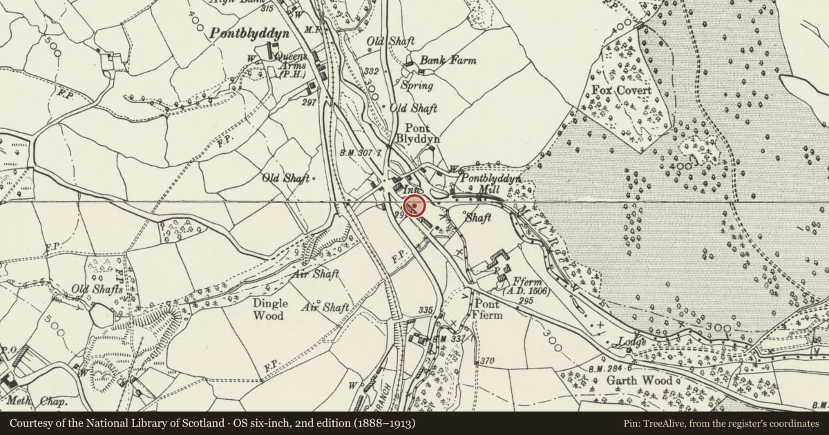 Ordnance Survey six-inch map, 2nd edition (1888–1913) covering the location of 12 Alyn Terrace, Leeswood and Pontblyddyn, Flintshire, with a pin at the register's coordinates