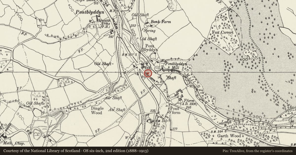 Ordnance Survey six-inch map, 2nd edition (1888–1913) covering the location of 13 Alyn Terrace, Leeswood and Pontblyddyn, Flintshire, with a pin at the register's coordinates