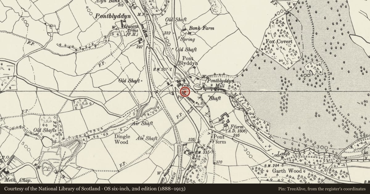Ordnance Survey six-inch map, 2nd edition (1888–1913) covering the location of 14 Alyn Terrace, Leeswood and Pontblyddyn, Flintshire, with a pin at the register's coordinates