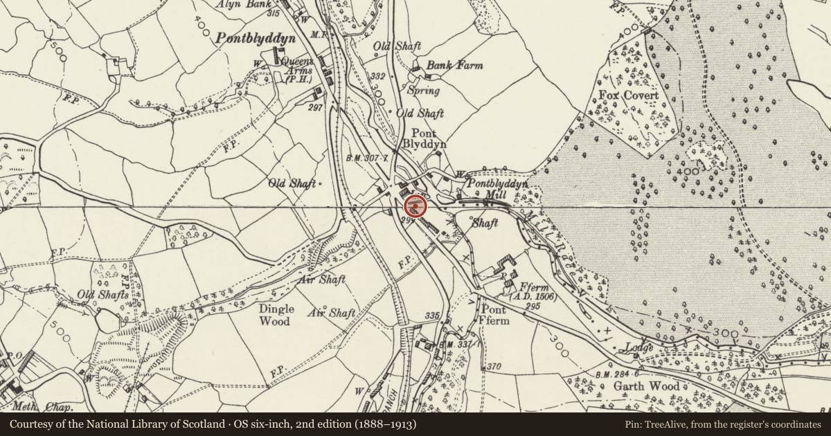 Ordnance Survey six-inch map, 2nd edition (1888–1913) covering the location of 15 Alyn Terrace, Leeswood and Pontblyddyn, Flintshire, with a pin at the register's coordinates
