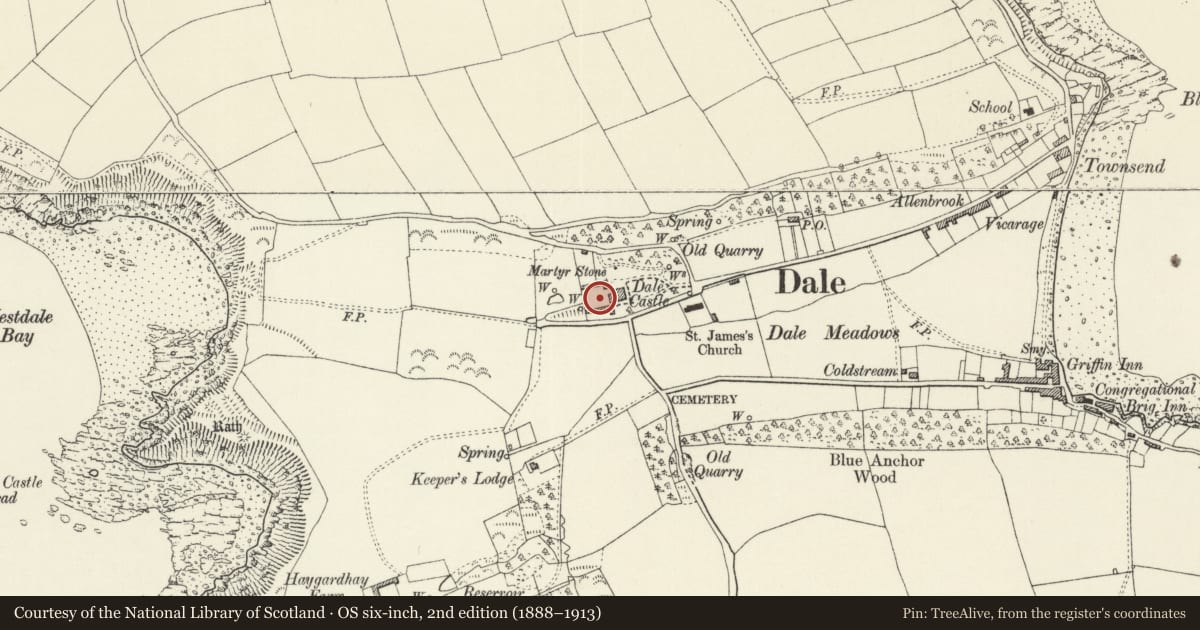 Ordnance Survey six-inch map, 2nd edition (1888–1913) covering the location of Remains of old castle at Dale Castle and forecourt walls, Pembrokeshire, with a pin at the register's coordinates