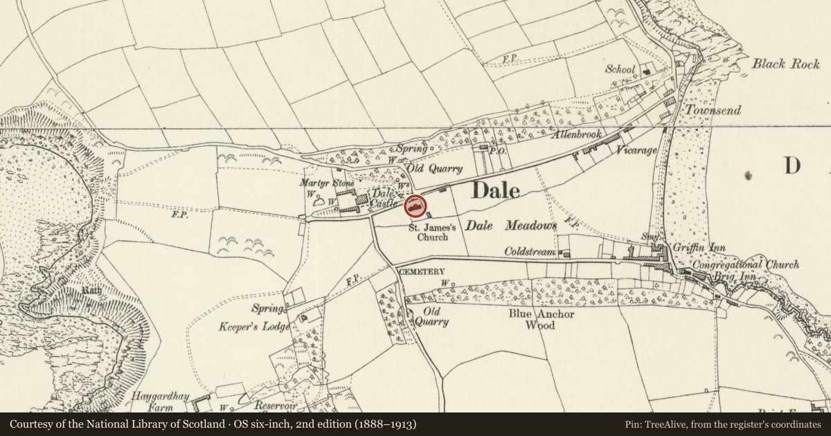Ordnance Survey six-inch map, 2nd edition (1888–1913) covering the location of Church of Saint James the Great, Dale, Pembrokeshire, with a pin at the register's coordinates