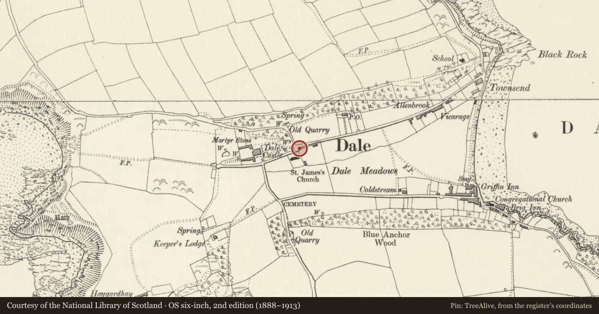 Ordnance Survey six-inch map, 2nd edition (1888–1913) covering the location of Walls and entrance arch to walled garden to E of Dale Church, Pembrokeshire, with a pin at the register's coordinates
