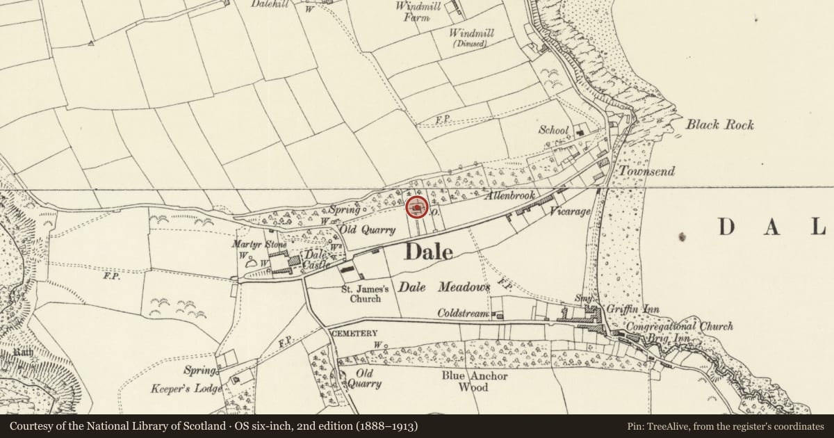 Ordnance Survey six-inch map, 2nd edition (1888–1913) covering the location of The Old Post House, Dale, Pembrokeshire, with a pin at the register's coordinates