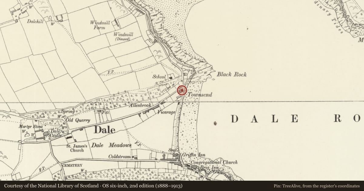 Ordnance Survey six-inch map, 2nd edition (1888–1913) covering the location of Brook House, Dale, Pembrokeshire, with a pin at the register's coordinates