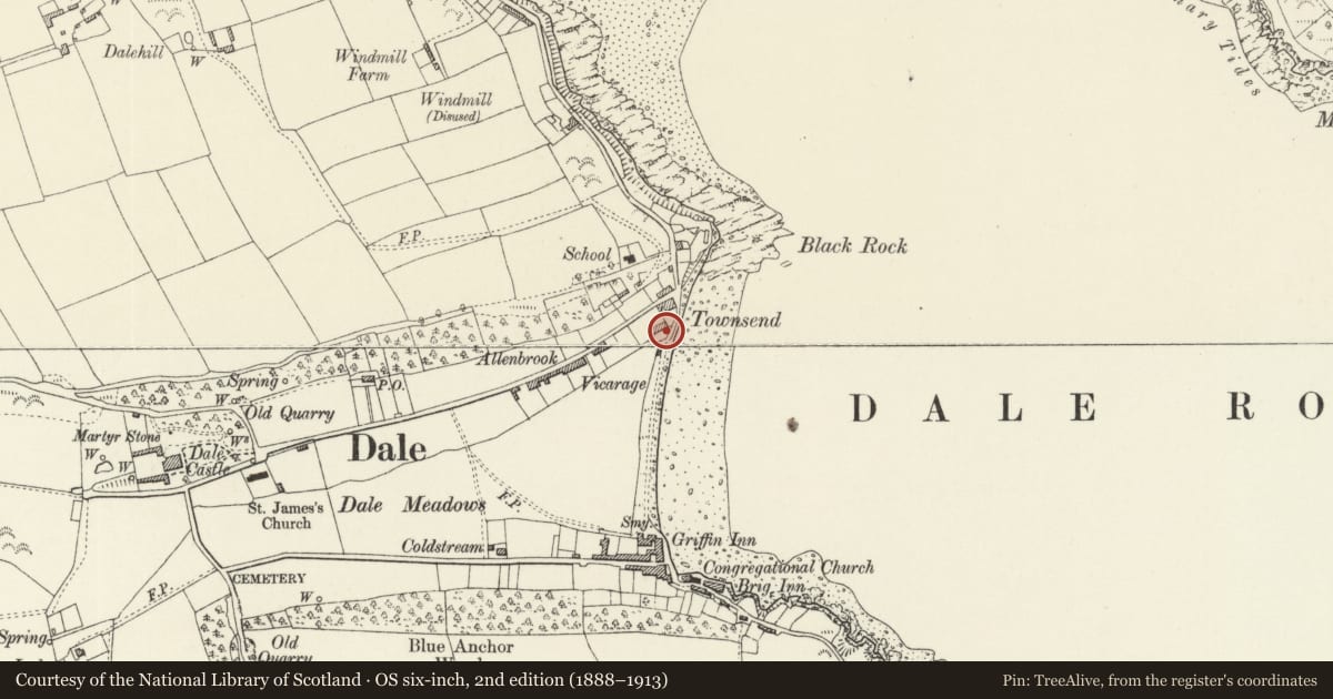 Ordnance Survey six-inch map, 2nd edition (1888–1913) covering the location of Brook Cottage, Dale, Pembrokeshire, with a pin at the register's coordinates