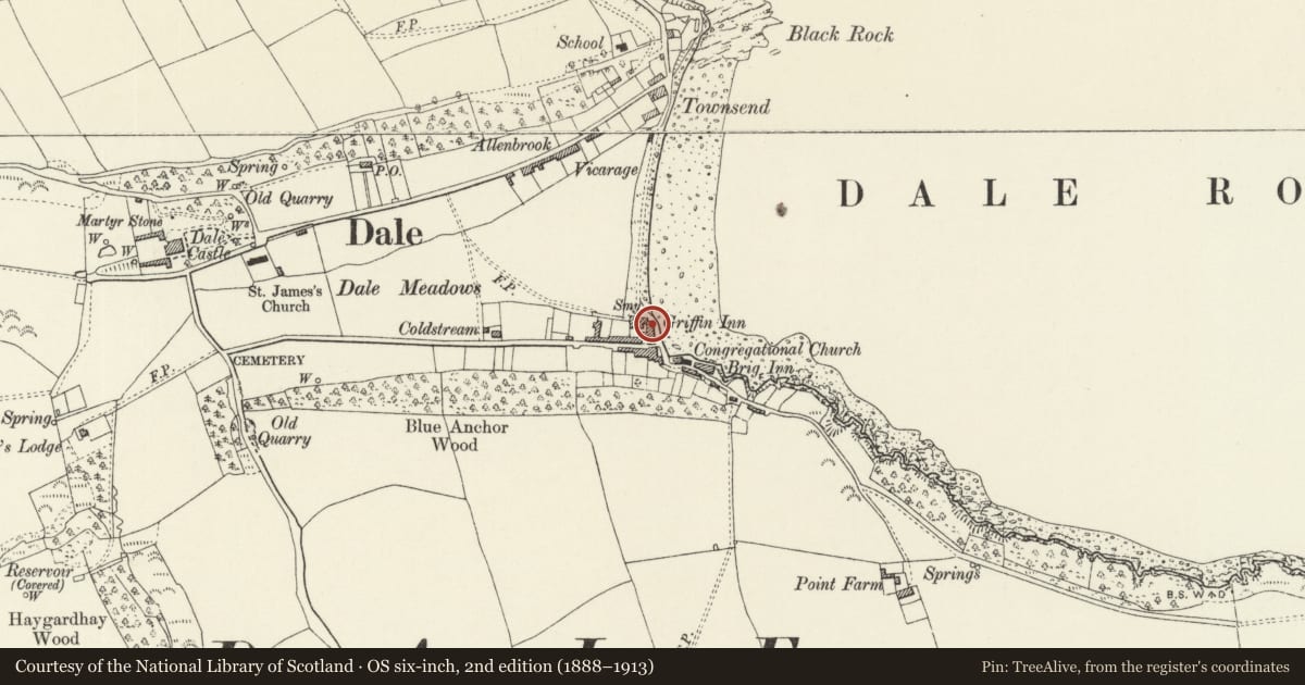 Ordnance Survey six-inch map, 2nd edition (1888–1913) covering the location of The Griffin Inn, Dale, Pembrokeshire, with a pin at the register's coordinates
