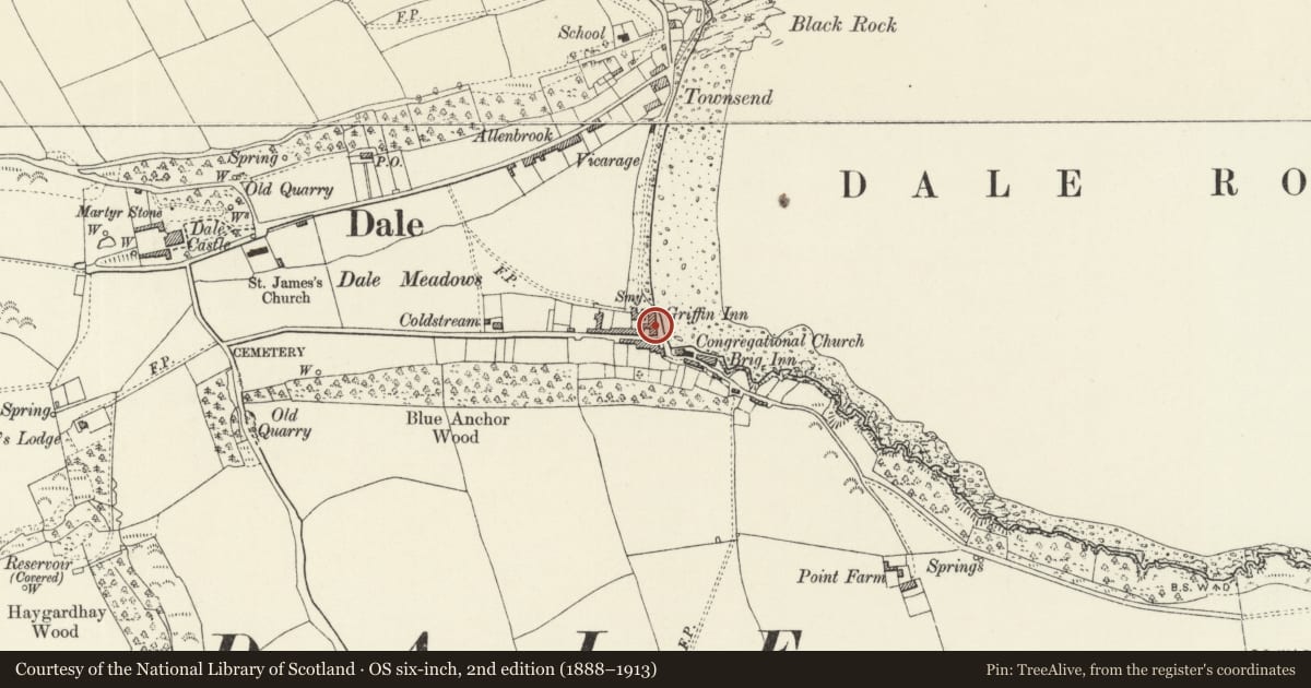 Ordnance Survey six-inch map, 2nd edition (1888–1913) covering the location of Eaton House, Dale, Pembrokeshire, with a pin at the register's coordinates