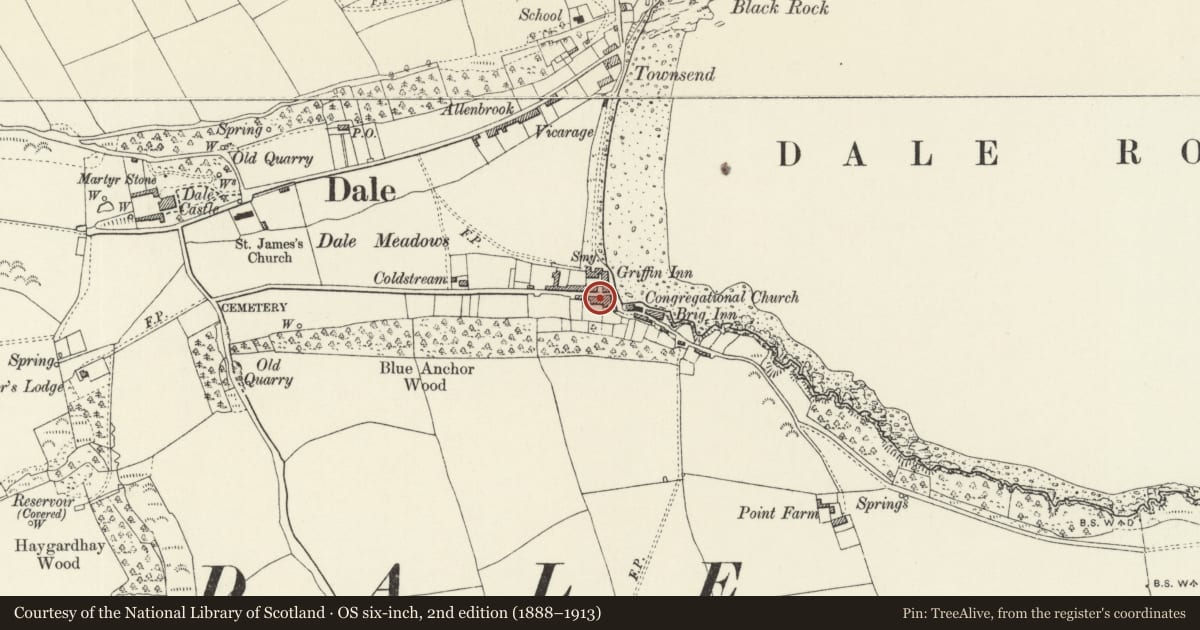 Ordnance Survey six-inch map, 2nd edition (1888–1913) covering the location of 2 South Street, Dale, Pembrokeshire, with a pin at the register's coordinates