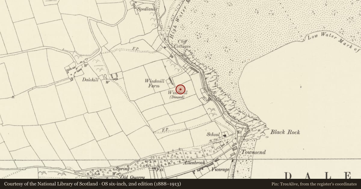 Ordnance Survey six-inch map, 2nd edition (1888–1913) covering the location of The Windmill Tower at Windmill Farm, Dale, Pembrokeshire, with a pin at the register's coordinates