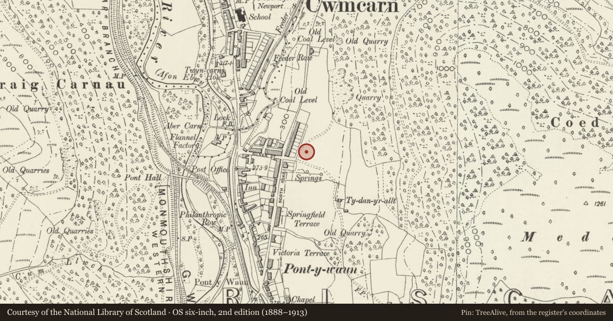 Ordnance Survey six-inch map, 2nd edition (1888–1913) covering the location of 41 Garden Suburbs, Cirus, Crosskeys, Caerphilly, with a pin at the register's coordinates