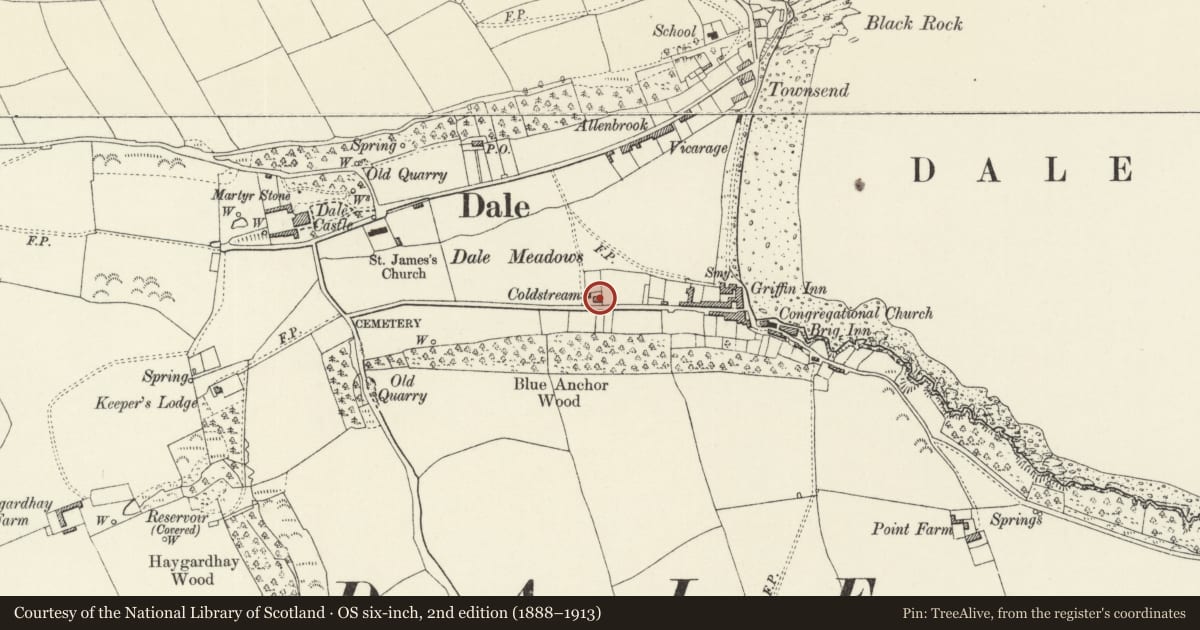 Ordnance Survey six-inch map, 2nd edition (1888–1913) covering the location of Coldstream Lodge, Dale, Pembrokeshire, with a pin at the register's coordinates