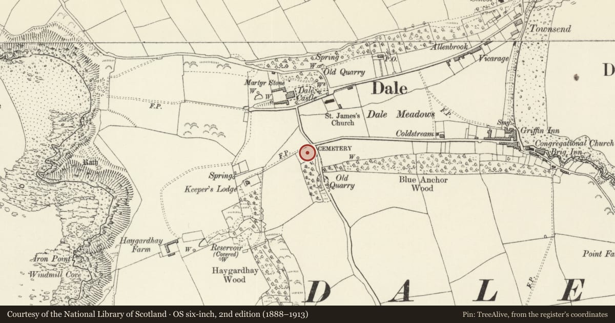 Ordnance Survey six-inch map, 2nd edition (1888–1913) covering the location of The War Memorial, Dale, Pembrokeshire, with a pin at the register's coordinates