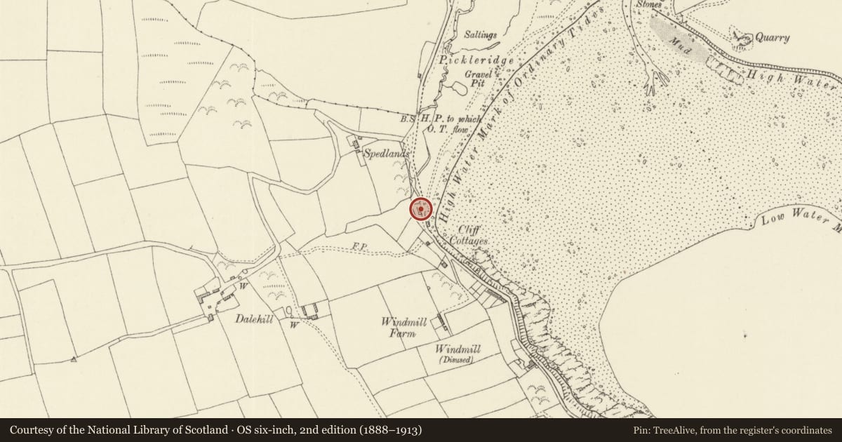 Ordnance Survey six-inch map, 2nd edition (1888–1913) covering the location of Pair of limekilns at Pickleridge beach, Dale, Pembrokeshire, with a pin at the register's coordinates